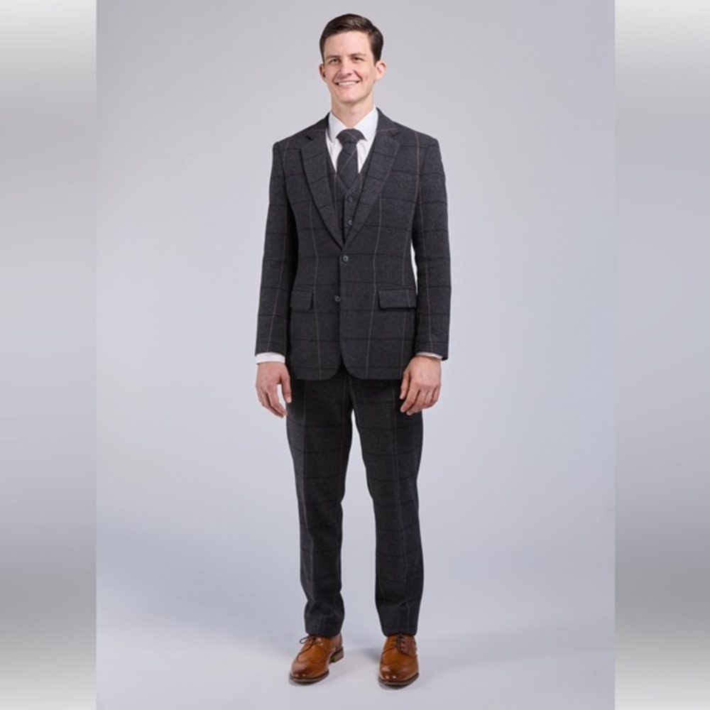 Mens Two Button Tweed Wool Stripe 3 Pieces‎ Suit Set Wedding Formal Business